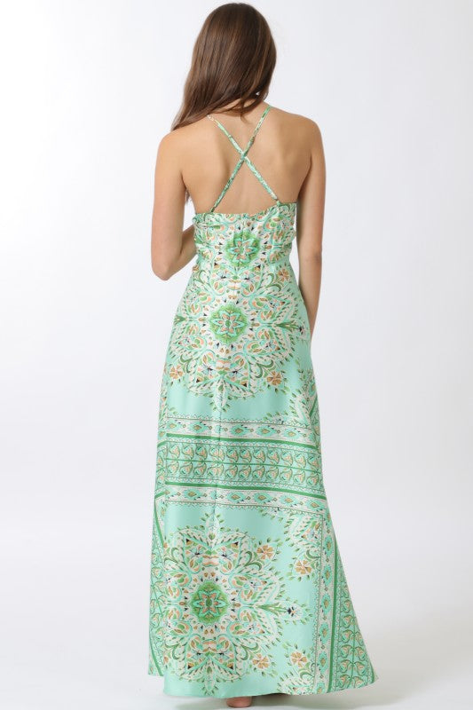 Joan Sleeveless Halter Beautiful Ornate Print Maxi Dress Mint