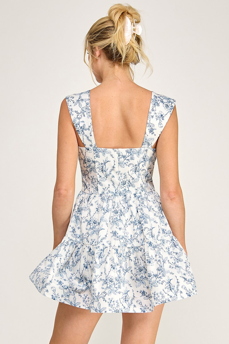Tilly Sleeveless Elegant Petal Floral Print Mini Dress Blue