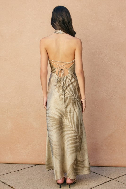 Cecilia Sleeveless Halter Open Back Tropical Print Maxi Dress Green