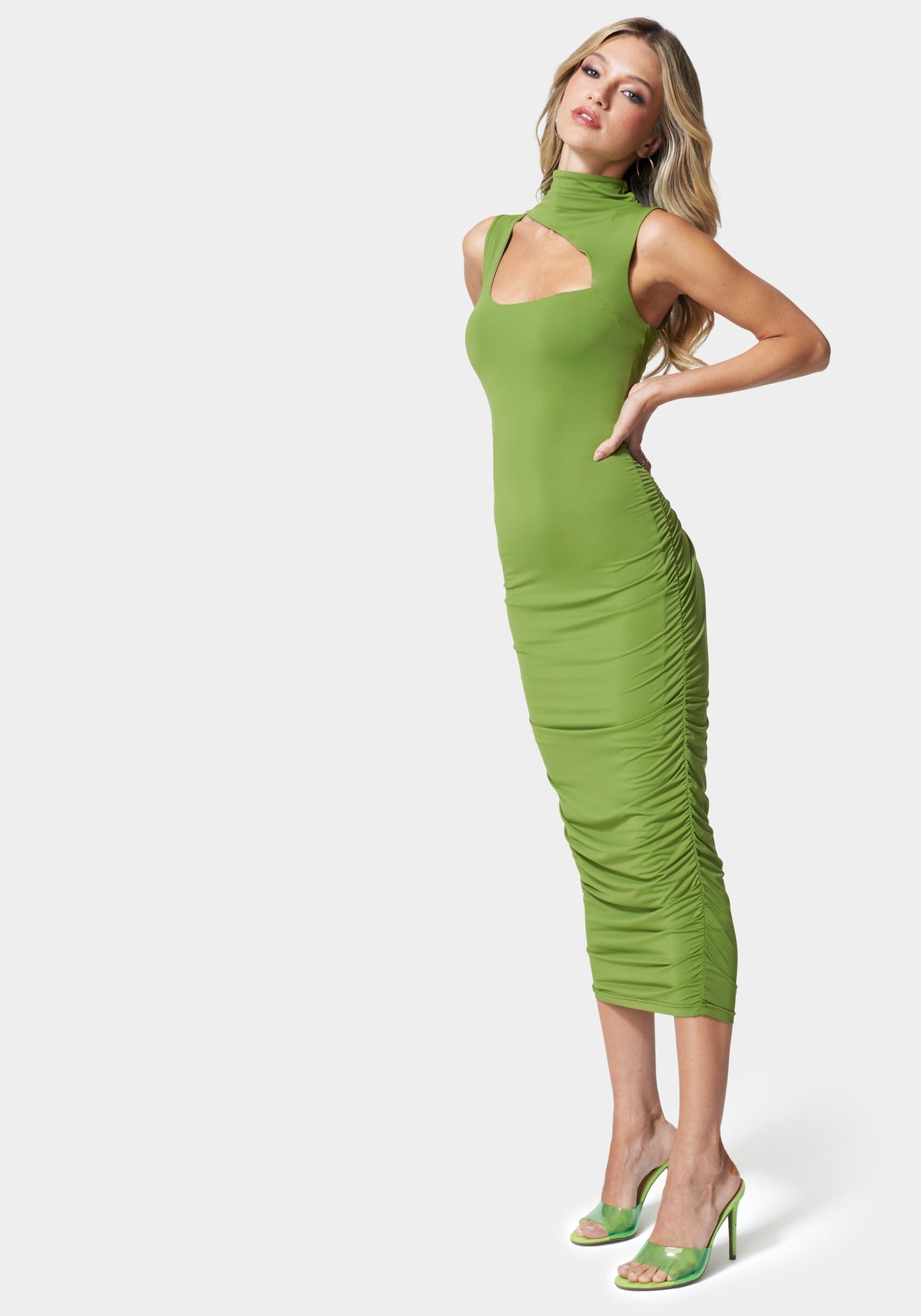 Mock Neck Shirred Midi Dress