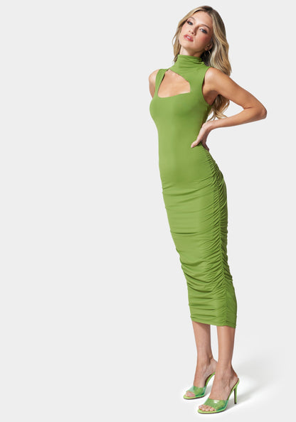 Mock Neck Shirred Midi Dress