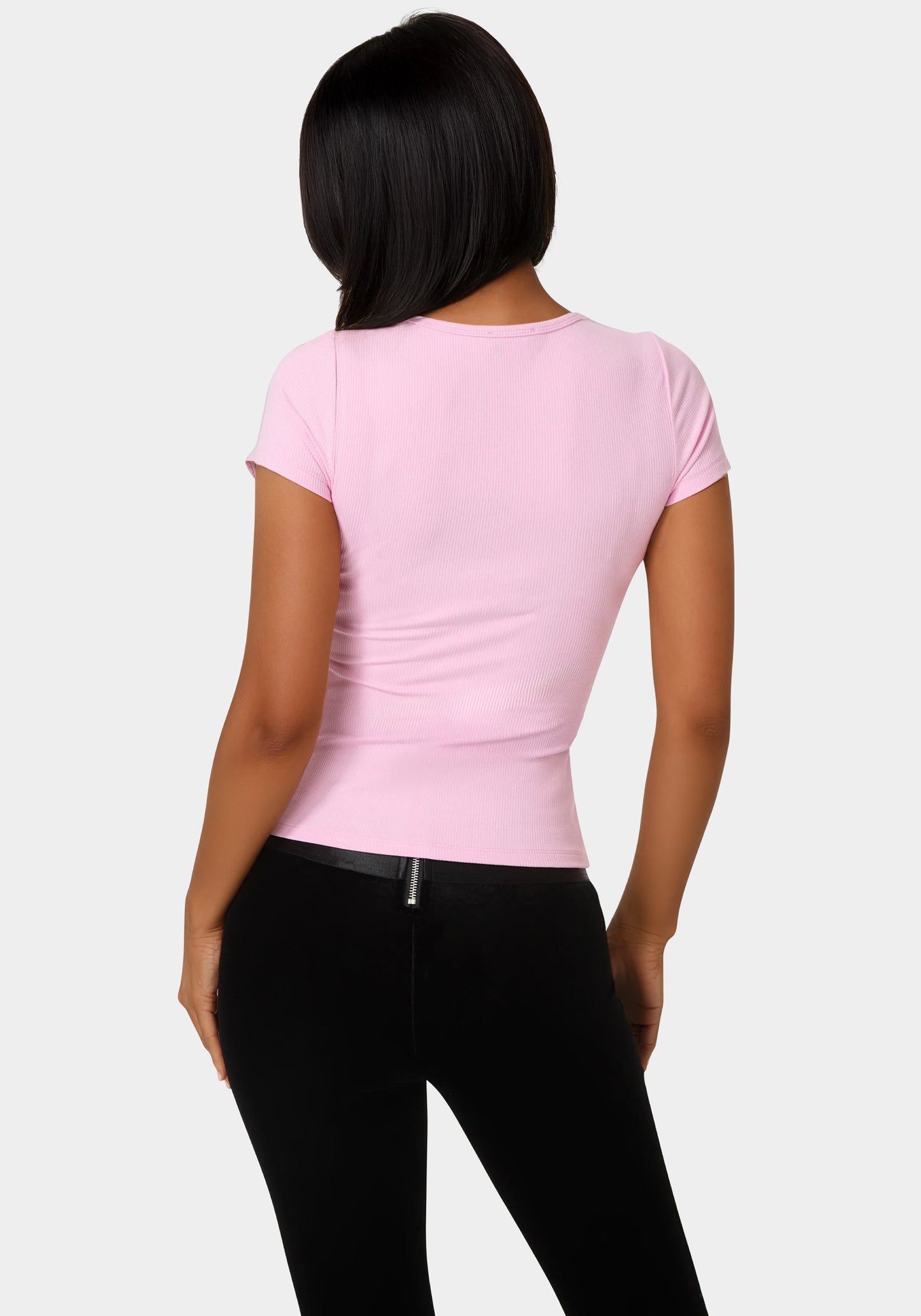 Bebe Logo Short Sleeve Round Neck Rib Top