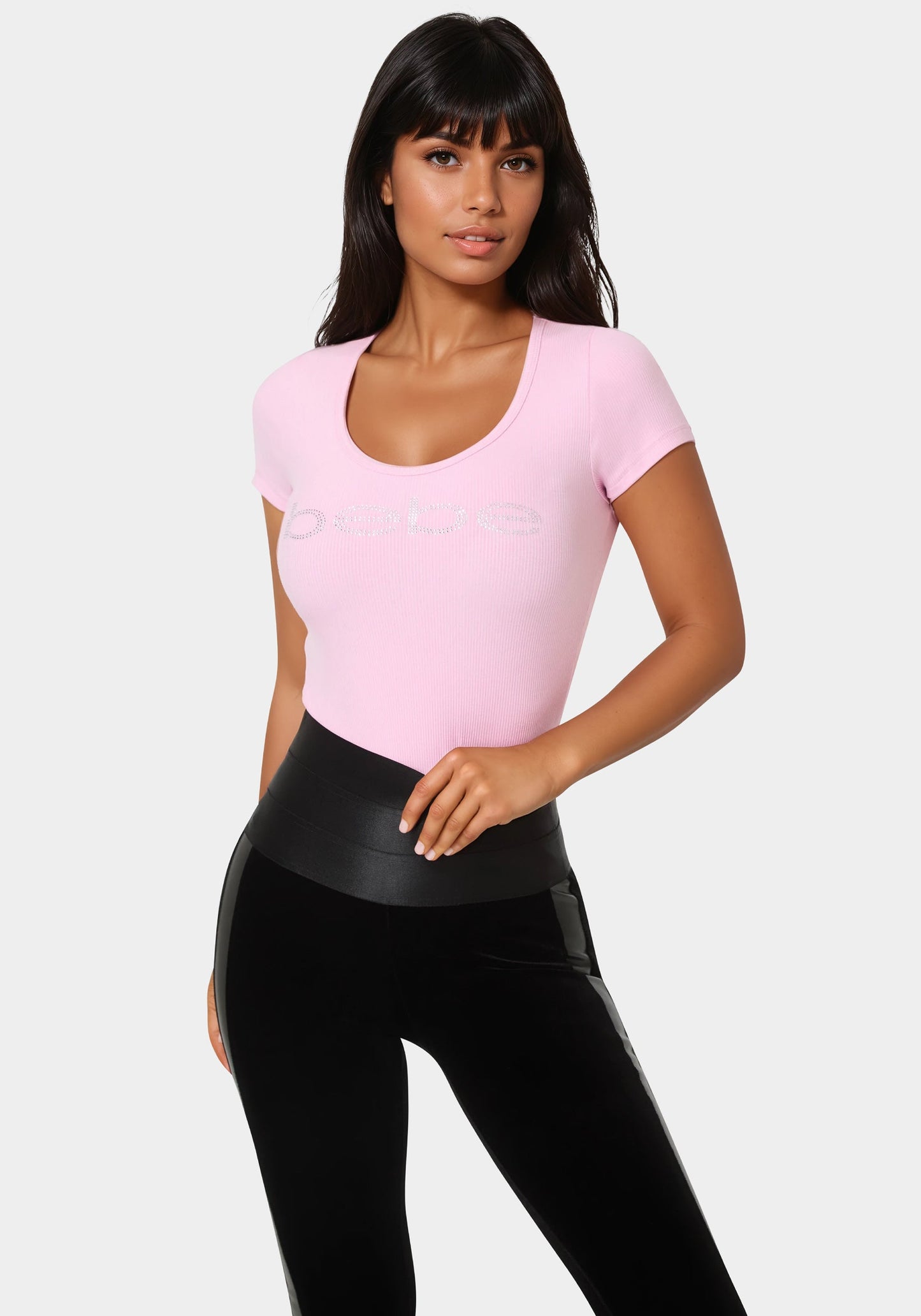 Bebe Logo Short Sleeve Round Neck Rib Top