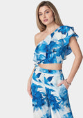 Satin One Shoulder Ruffle Neck Top