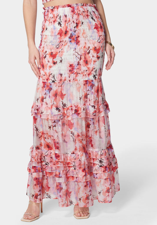 High Waist Smocked Ruffle Maxi Skirt