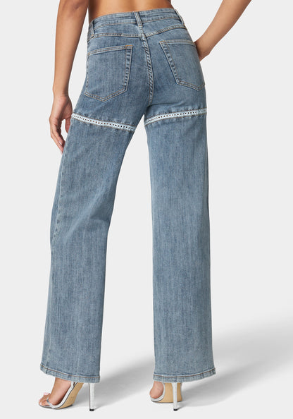 High Waist Lace Applique Wide Leg Jeans