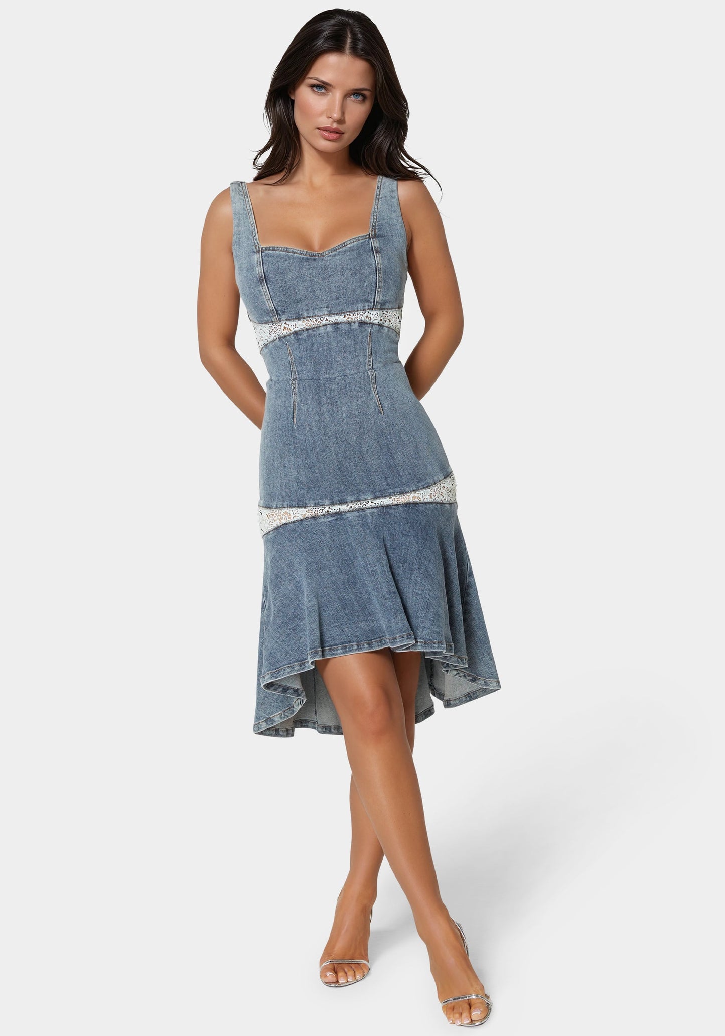 Lace Insert High Low Denim Dress
