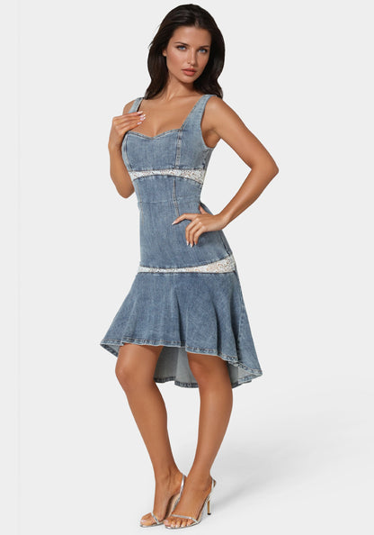 Lace Insert High Low Denim Dress