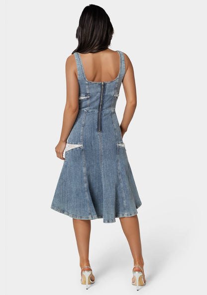 Lace Insert High Low Denim Dress