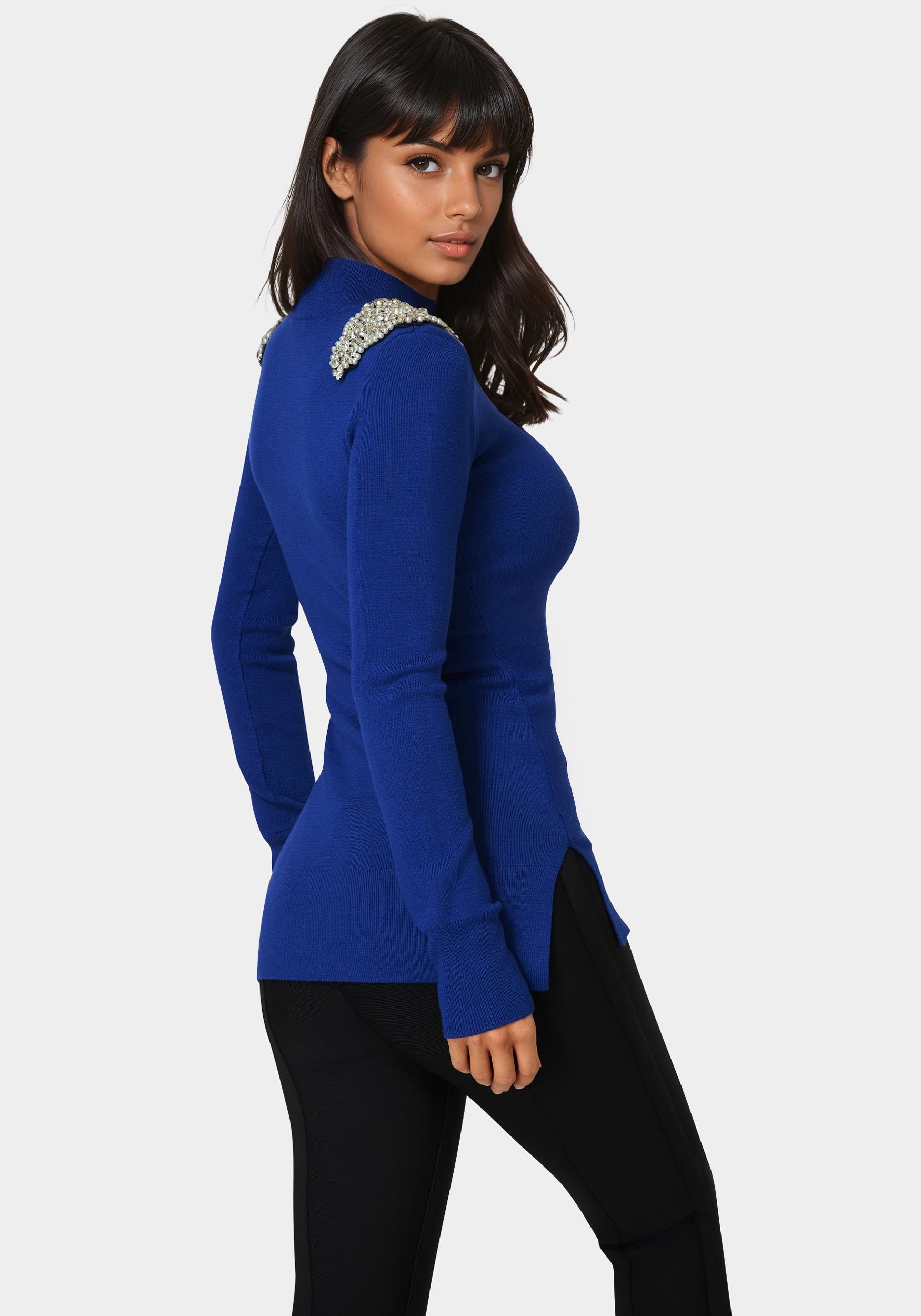 Embellished Mock Neck Tunic Sweater