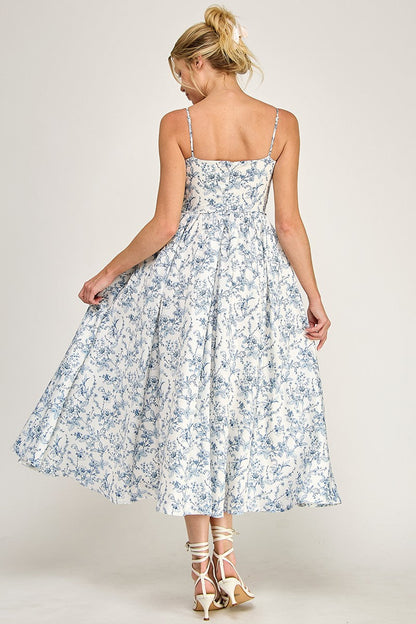 Ruth Sleeveless Botanical Bloom Floral Print Midi Dress Blue