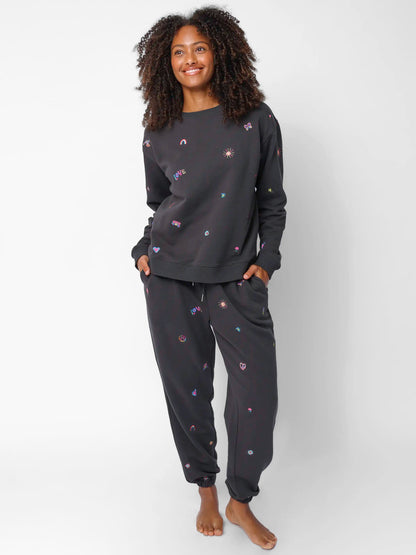 Fave Little Things Embroidered Sweatshirt - Charcoal Doodle