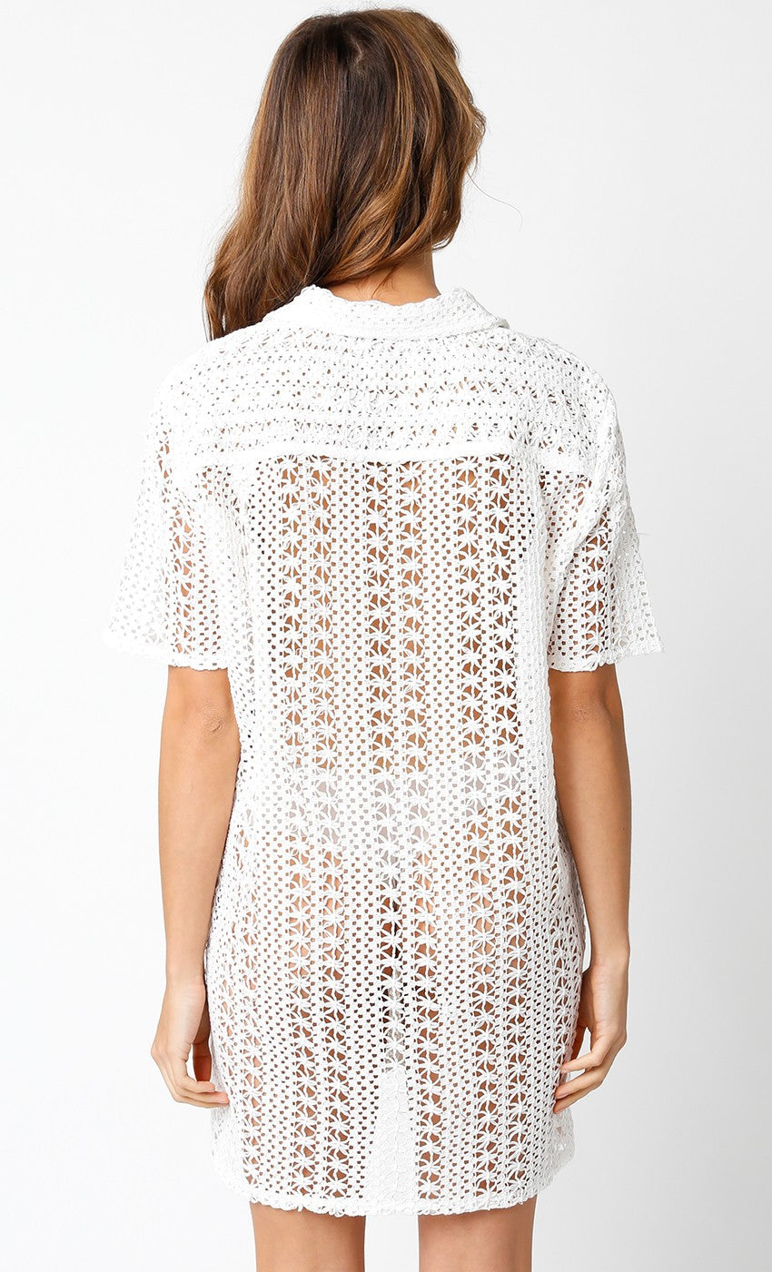 Pilar Sleeveless Button Down Crochet Cover Up Mini Dress White