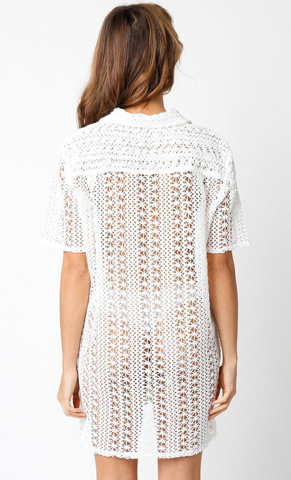 Pilar Sleeveless Button Down Crochet Cover Up Mini Dress White