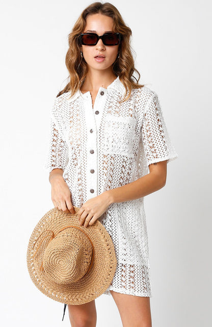 Pilar Sleeveless Button Down Crochet Cover Up Mini Dress White