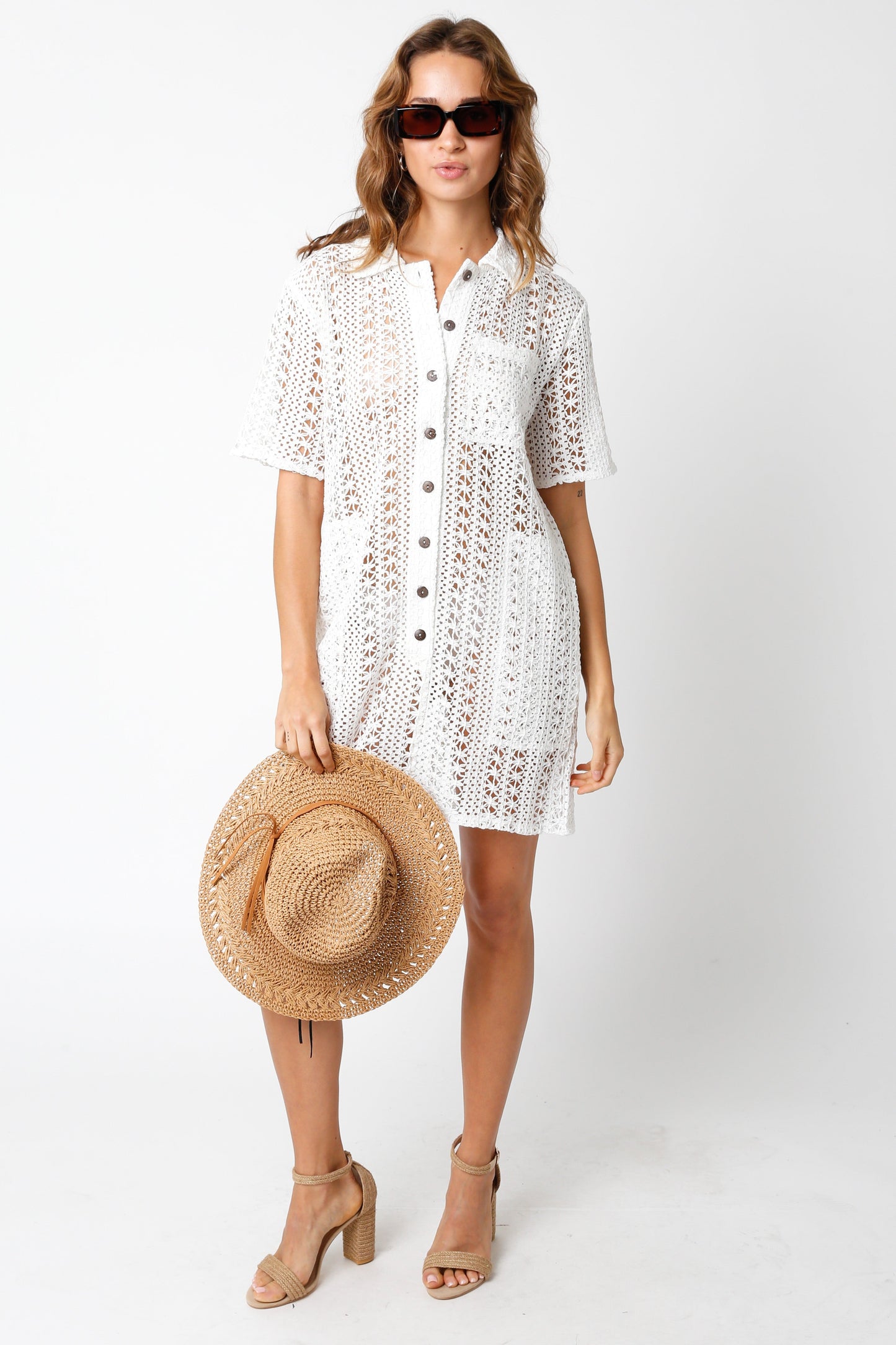 Pilar Sleeveless Button Down Crochet Cover Up Mini Dress White