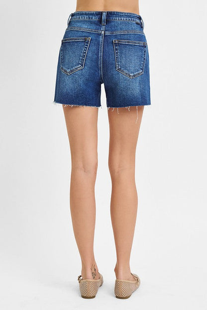 Teresa High Rise Raw Hem Denim Shorts Dark Wash
