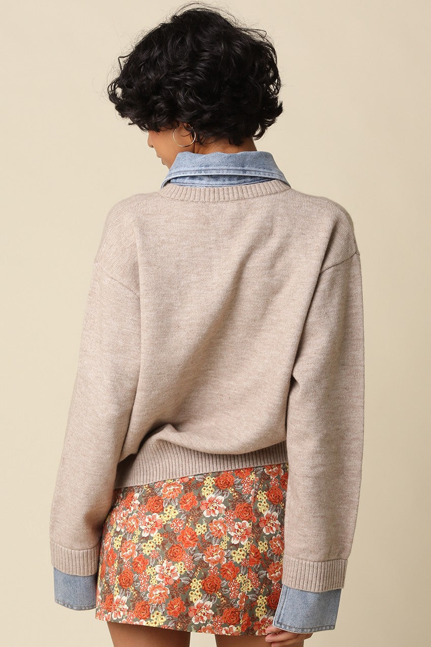 Waitlist 8/20 • Addy Long Sleeve Contrast Denim Knit Top Khaki