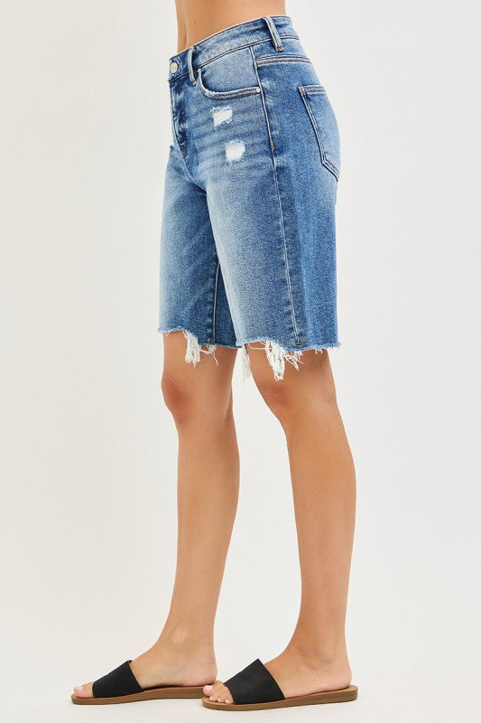 Mara High Rise Raw Hem Denim Bermuda Shorts Medium Wash