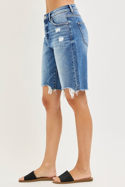 Mara High Rise Raw Hem Denim Bermuda Shorts Medium Wash