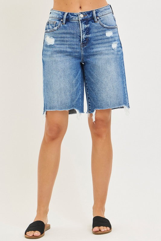 Mara High Rise Raw Hem Denim Bermuda Shorts Medium Wash