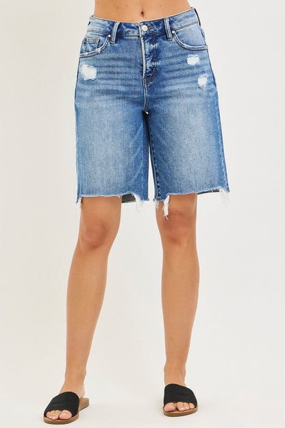Mara High Rise Raw Hem Denim Bermuda Shorts Medium Wash