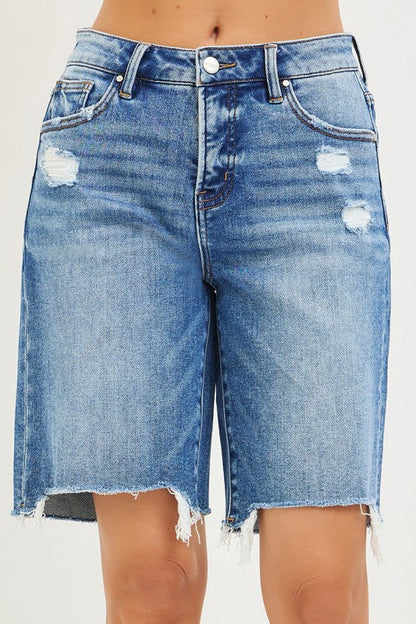 Mara High Rise Raw Hem Denim Bermuda Shorts Medium Wash