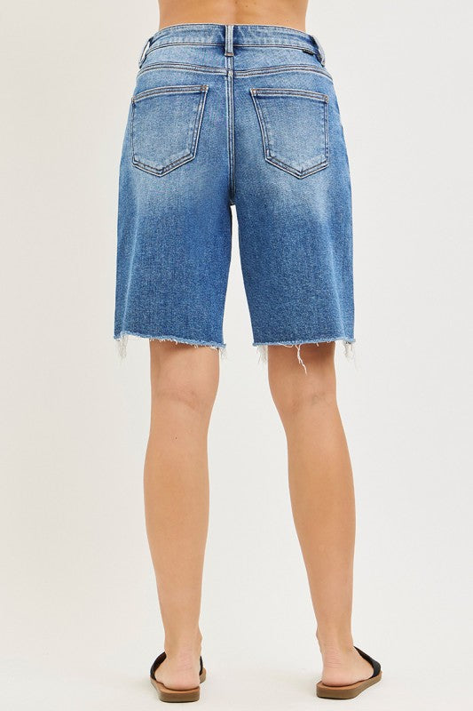 Mara High Rise Raw Hem Denim Bermuda Shorts Medium Wash