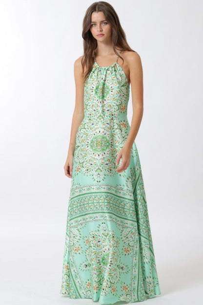 Joan Sleeveless Halter Beautiful Ornate Print Maxi Dress Mint