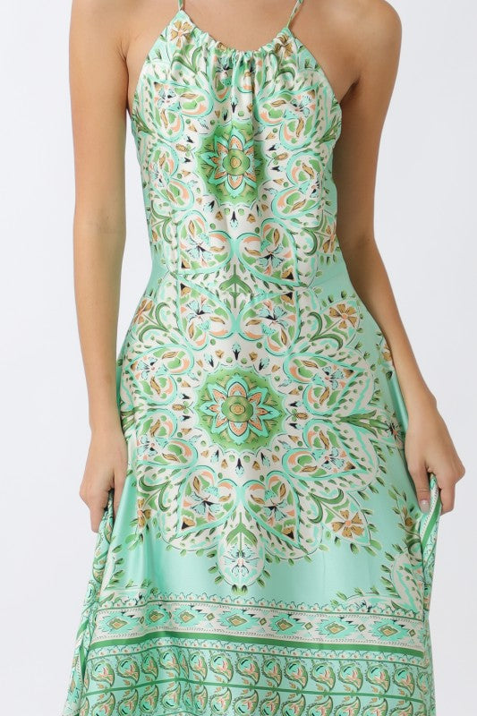 Joan Sleeveless Halter Beautiful Ornate Print Maxi Dress Mint