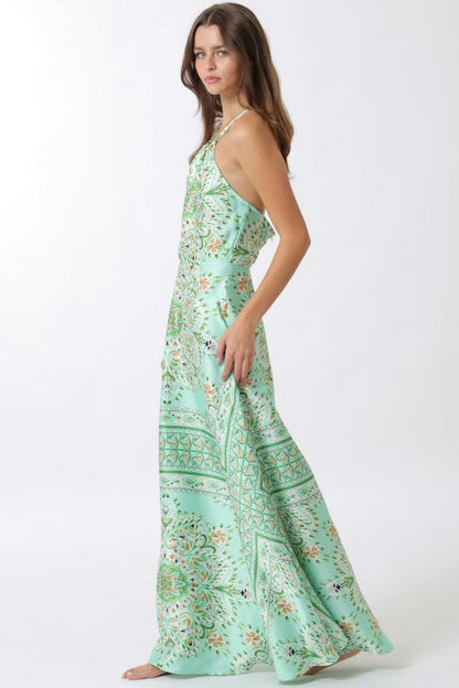 Joan Sleeveless Halter Beautiful Ornate Print Maxi Dress Mint