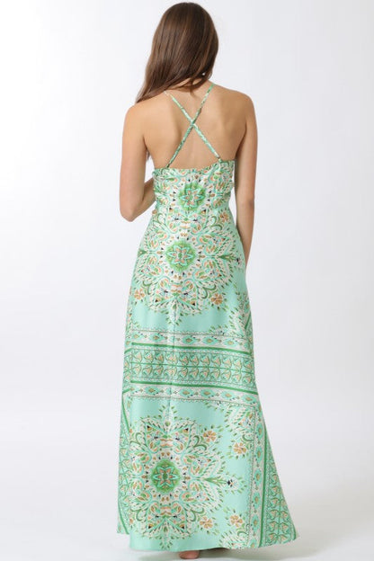 Joan Sleeveless Halter Beautiful Ornate Print Maxi Dress Mint