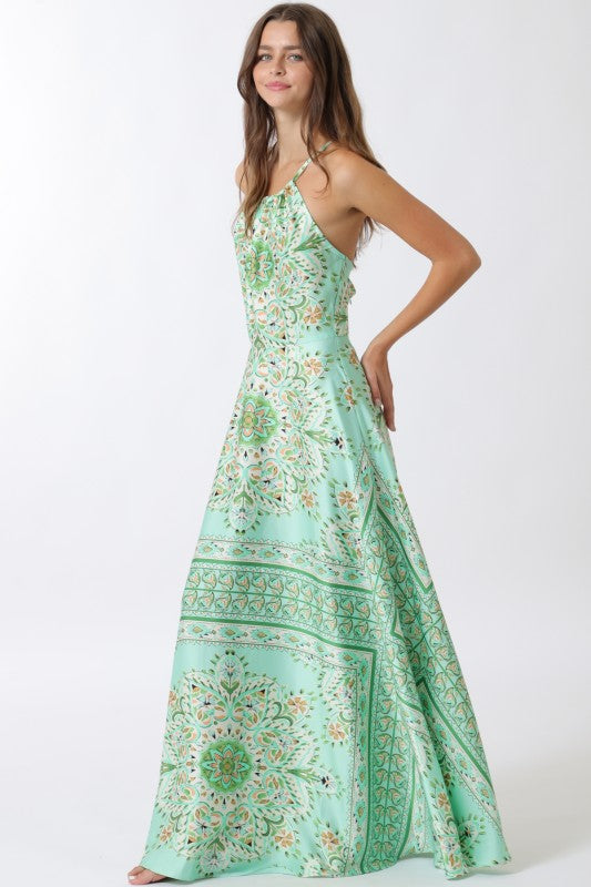 Joan Sleeveless Halter Beautiful Ornate Print Maxi Dress Mint