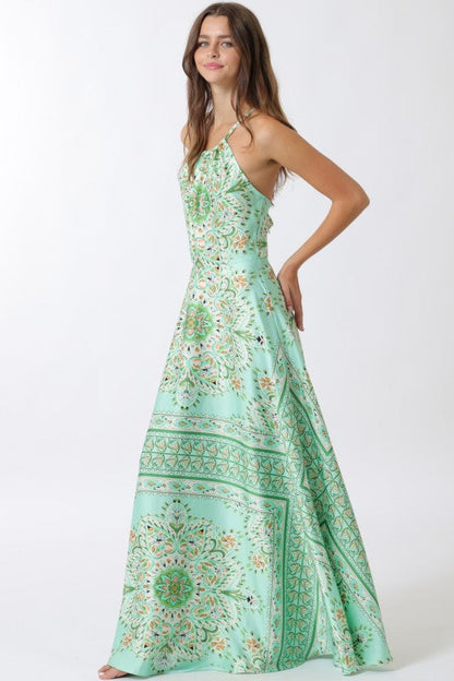 Joan Sleeveless Halter Beautiful Ornate Print Maxi Dress Mint