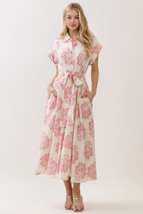 Maristella Sleeveless Waist Tie Button Front Abstract Print Midi Dress Pink