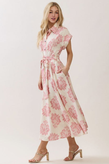 Maristella Sleeveless Waist Tie Button Front Abstract Print Midi Dress Pink