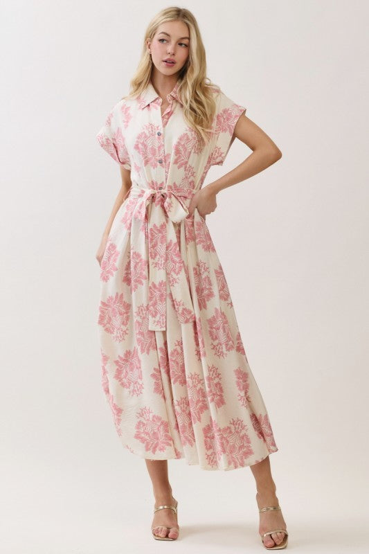 Maristella Sleeveless Waist Tie Button Front Abstract Print Midi Dress Pink