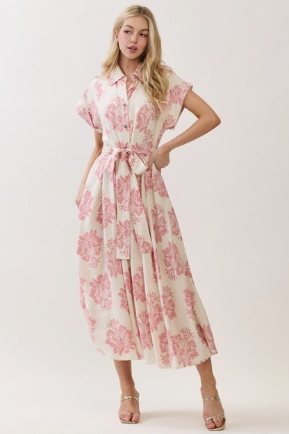 Maristella Sleeveless Waist Tie Button Front Abstract Print Midi Dress Pink