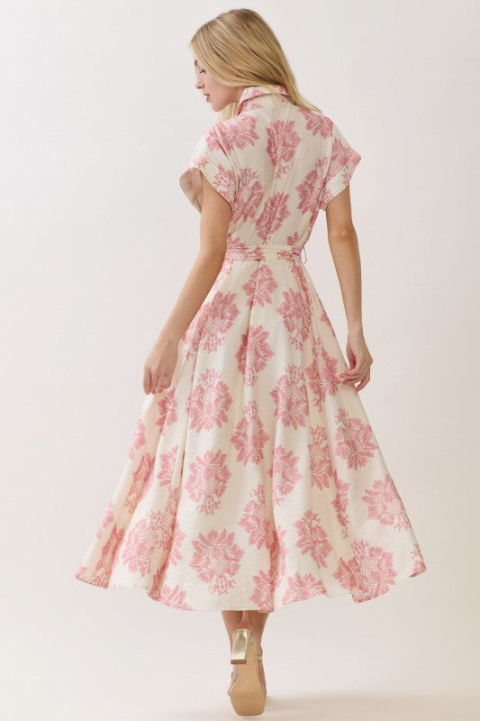 Maristella Sleeveless Waist Tie Button Front Abstract Print Midi Dress Pink