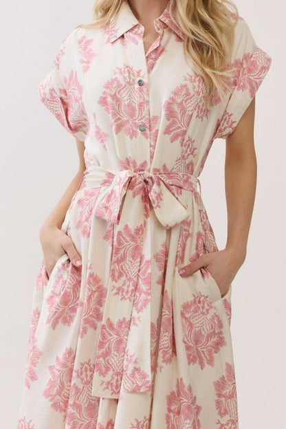 Maristella Sleeveless Waist Tie Button Front Abstract Print Midi Dress Pink