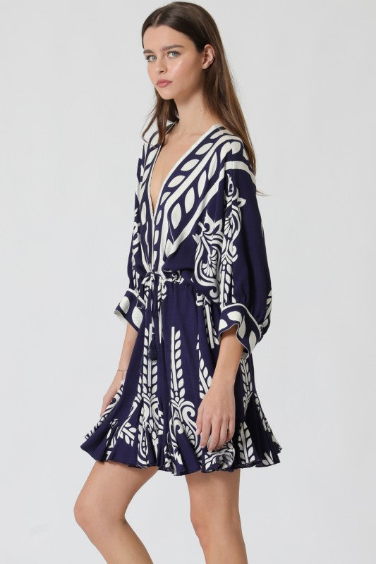 Justine 3/4 Dolman Sleeve Waist Tie Abstract Print Mini Dress Navy