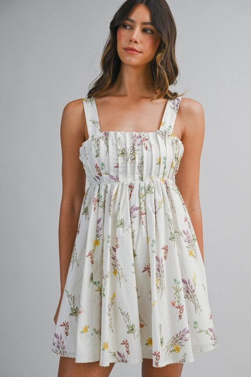 Kylie Sleeveless Pleated Floral Print Mini Dress Cream