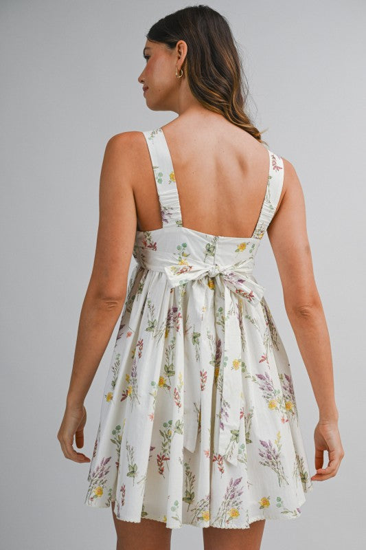 Kylie Sleeveless Pleated Floral Print Mini Dress Cream