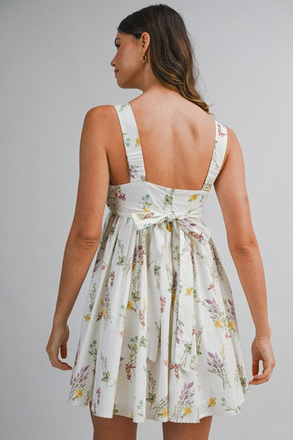 Kylie Sleeveless Pleated Floral Print Mini Dress Cream