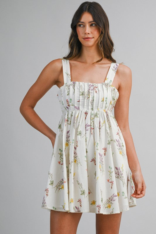 Kylie Sleeveless Pleated Floral Print Mini Dress Cream