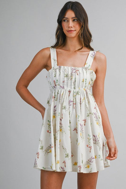 Kylie Sleeveless Pleated Floral Print Mini Dress Cream