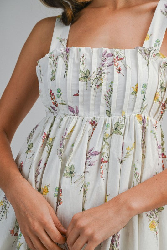 Kylie Sleeveless Pleated Floral Print Mini Dress Cream