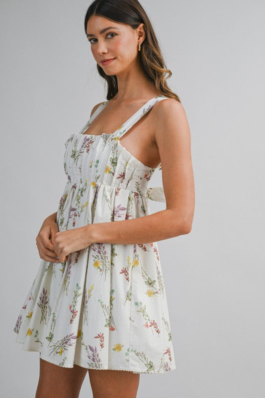 Kylie Sleeveless Pleated Floral Print Mini Dress Cream