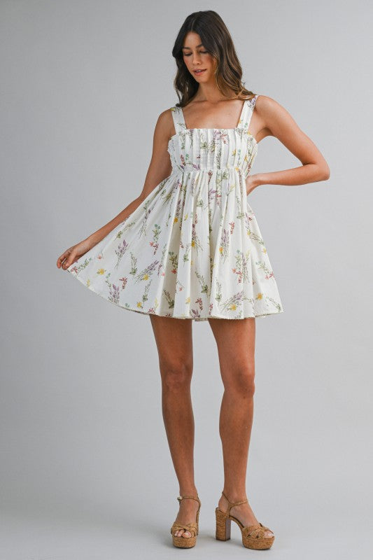 Kylie Sleeveless Pleated Floral Print Mini Dress Cream
