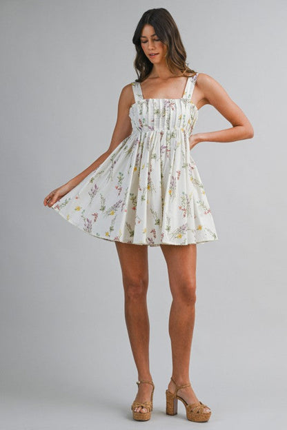 Kylie Sleeveless Pleated Floral Print Mini Dress Cream